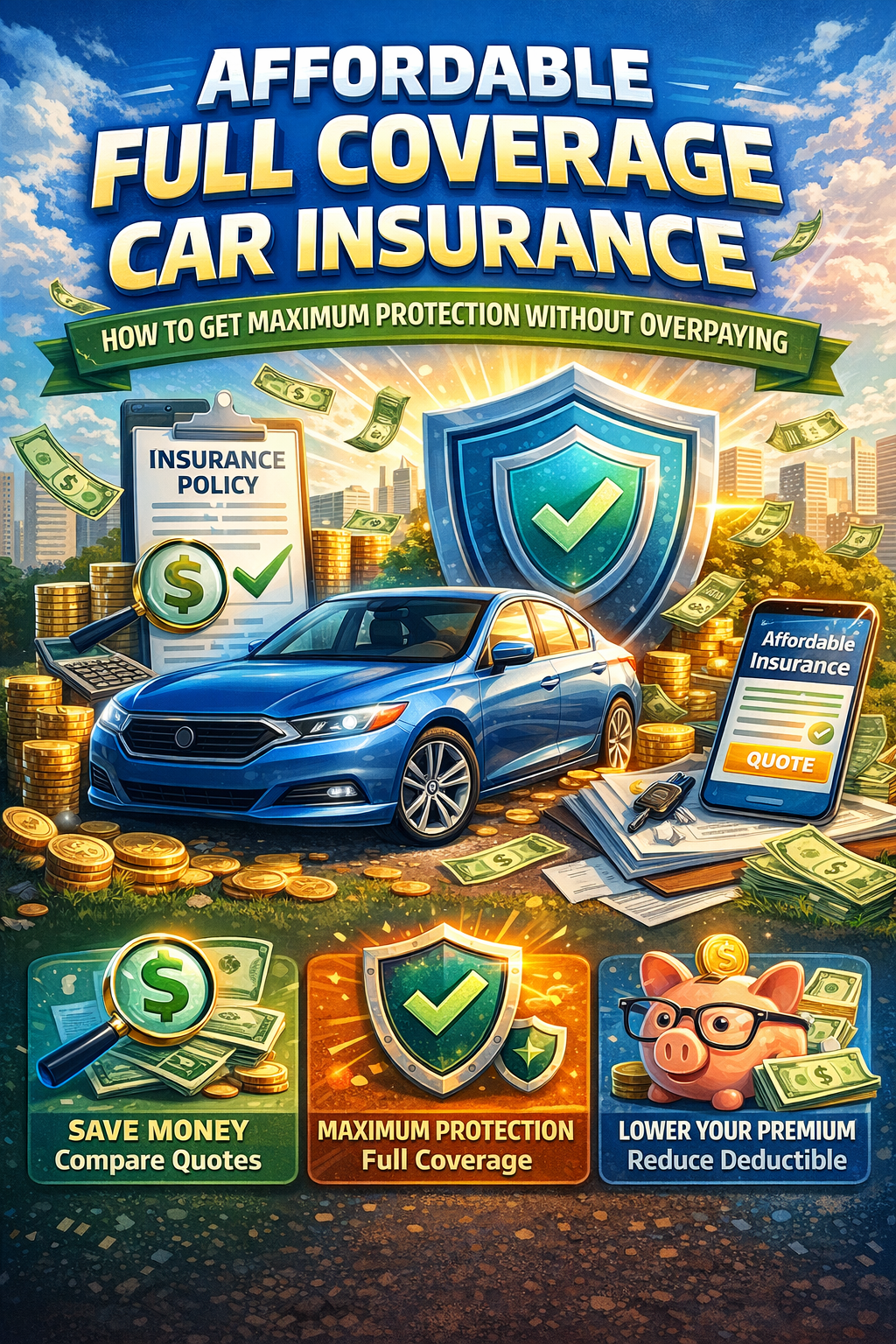 Affordable full coverage car insurance illustration showing a protected car, savings icons, and tips to reduce premiums while maximizing protection