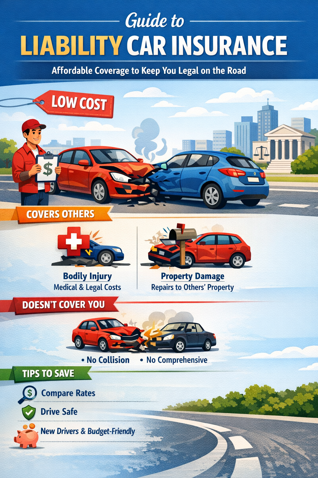 Cheap liability car insurance infographic showing what liability-only coverage includes