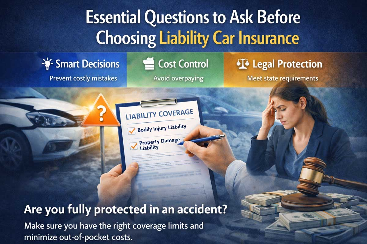 Liability car insurance coverage illustration showing bodily injury, property damage, and key questions before choosing a policy