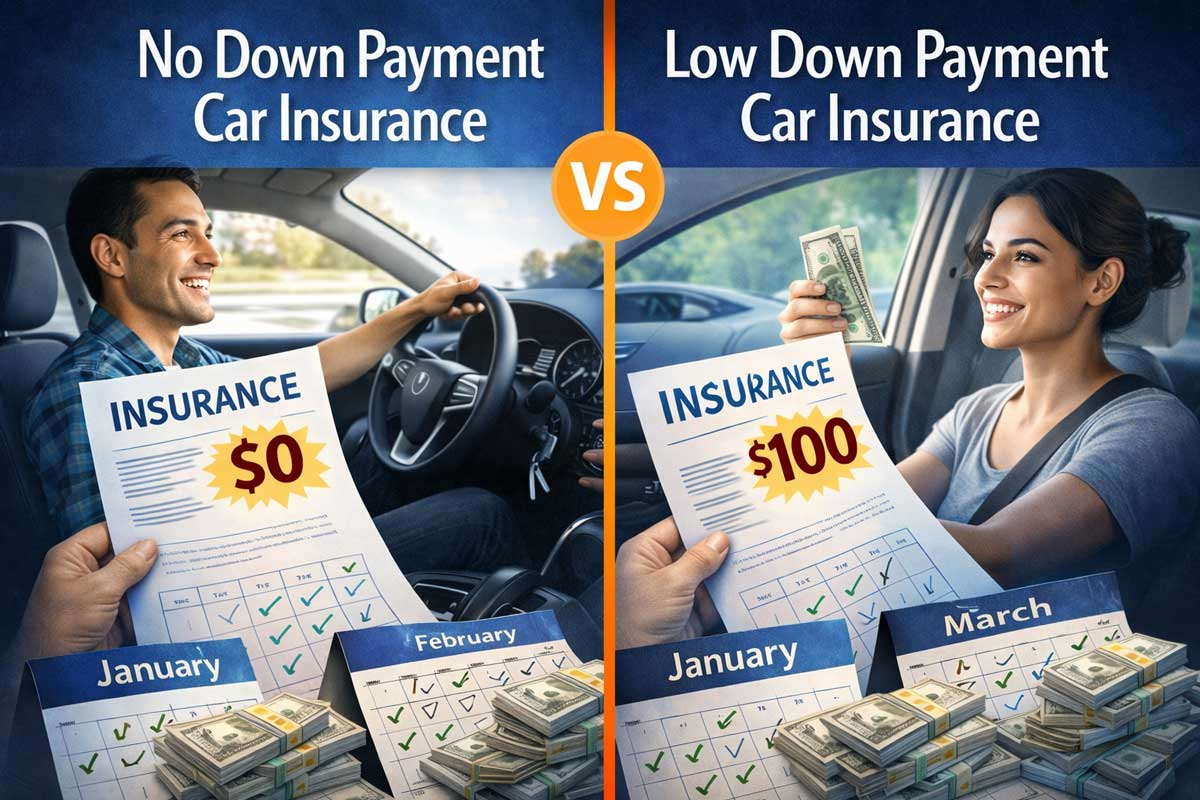 No down payment vs low down payment car insurance comparison showing $0 upfront vs small deposit and monthly cost differences